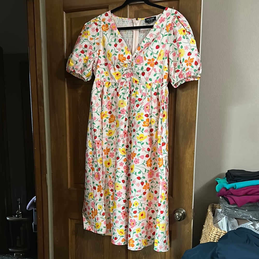 Kate Spade Strawberry Garden Puff Sleeve Midi Sundress Size 14 NWT